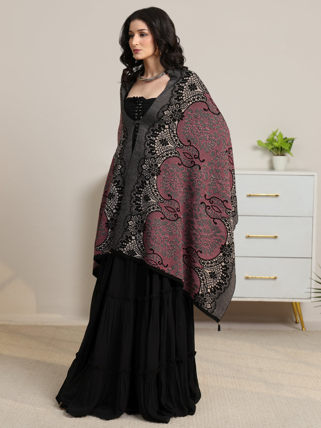  Libas Pink Ethnic Knitted Acrylic Wrap Shawl 