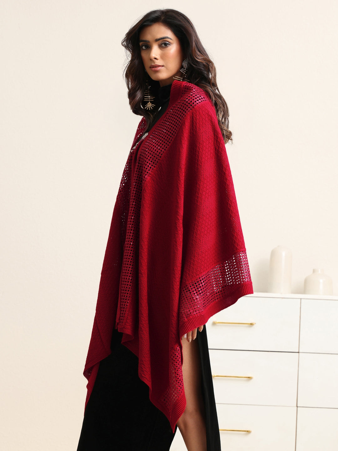  Libas Crimson Red Mesh Knitted Acrylic Wrap Shawl 