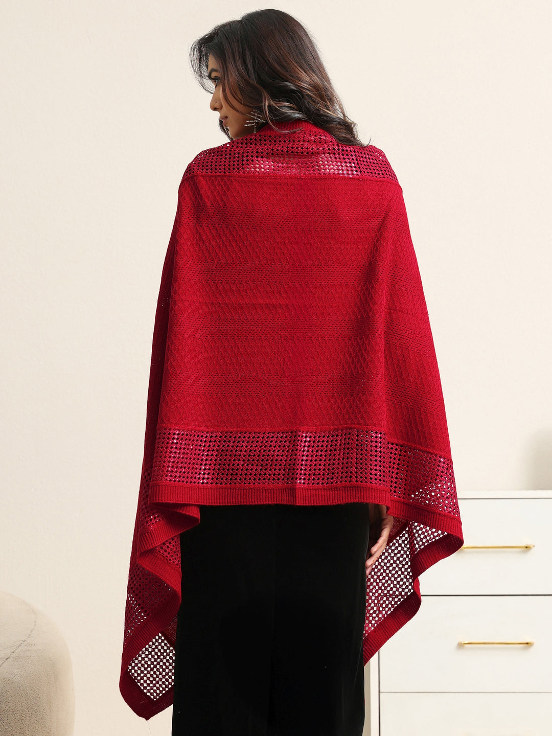  Libas Crimson Red Mesh Knitted Acrylic Wrap Shawl 