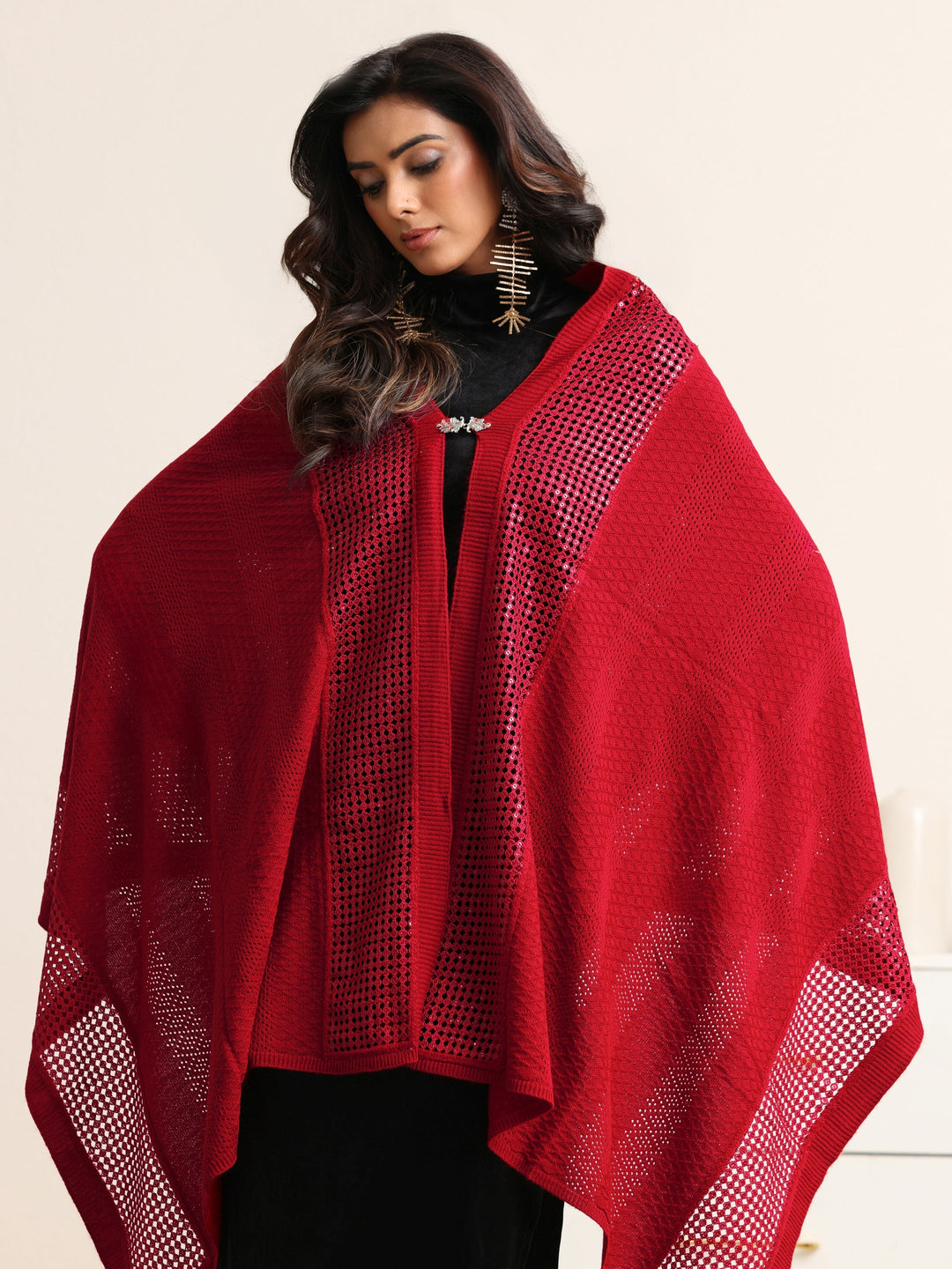  Libas Crimson Red Mesh Knitted Acrylic Wrap Shawl 