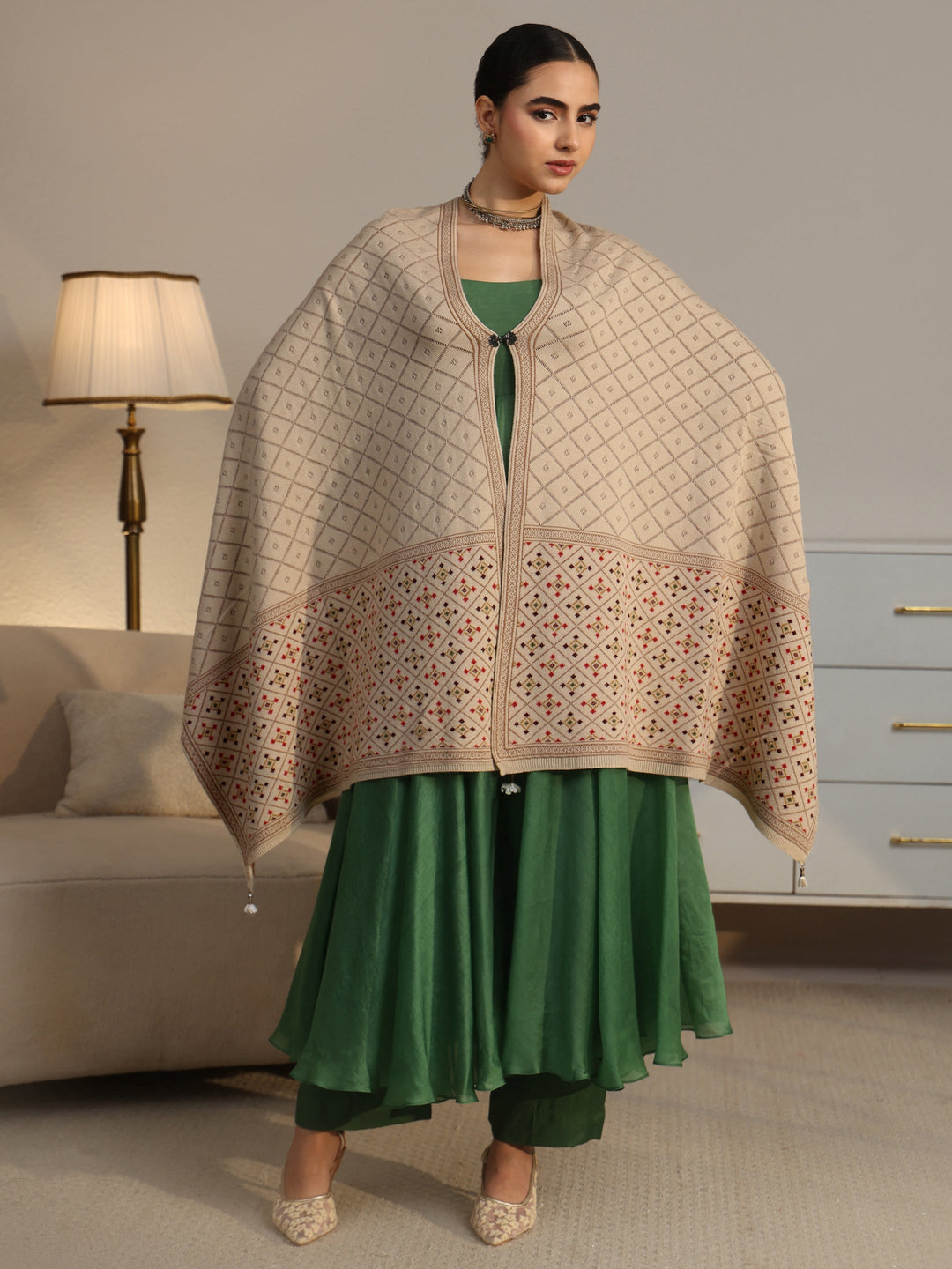 Libas Off White Geometric Knitted Acrylic Wrap Shawl 