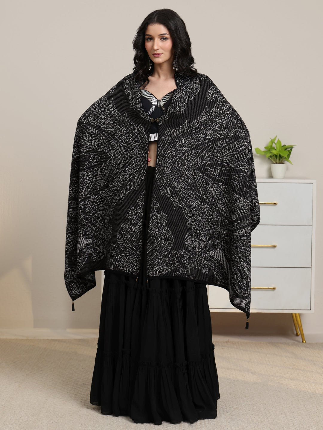  Libas Black Floral Knitted Acrylic Wrap Shawl 
