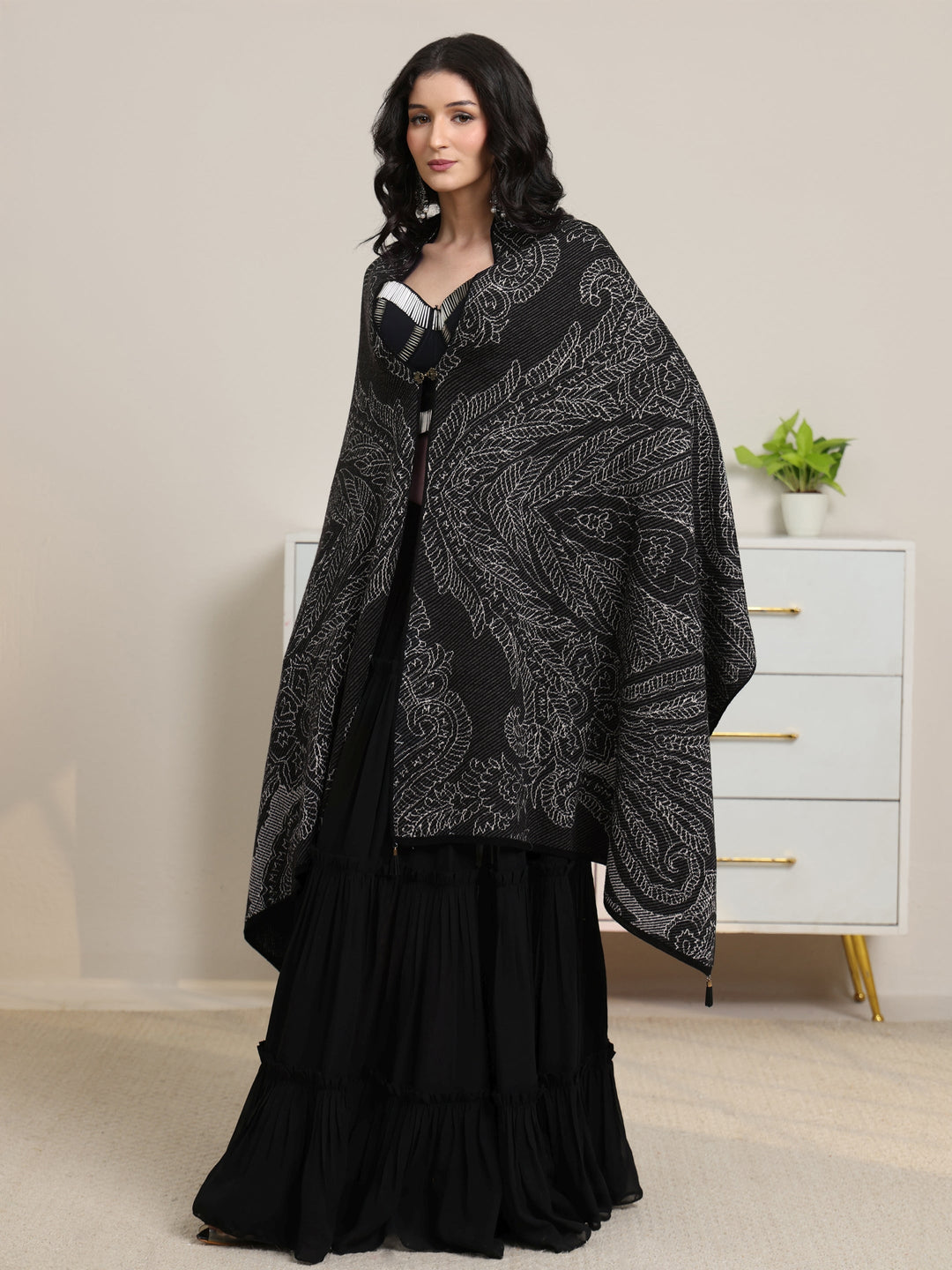  Libas Black Floral Knitted Acrylic Wrap Shawl 