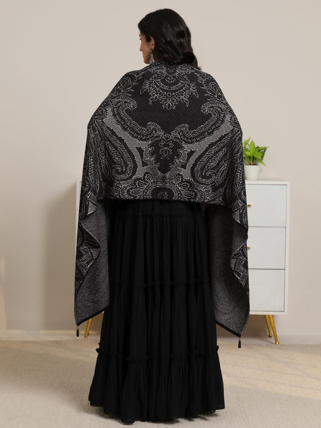  Libas Black Floral Knitted Acrylic Wrap Shawl 