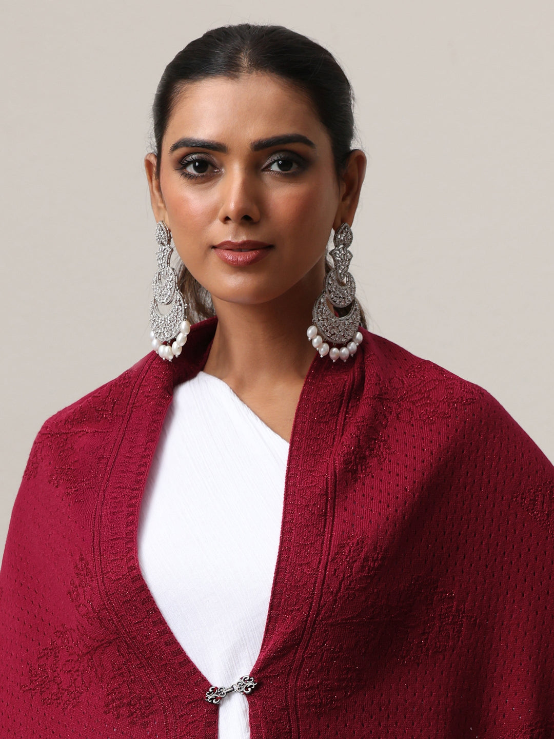  Libas Maroon Knitted Acrylic Wrap Shawl 