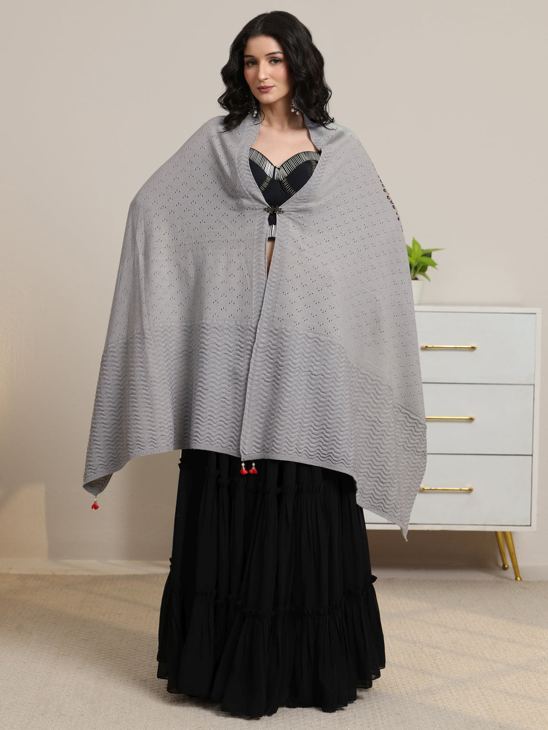  Libas Grey Floral Knitted Acrylic Wrap Shawl 