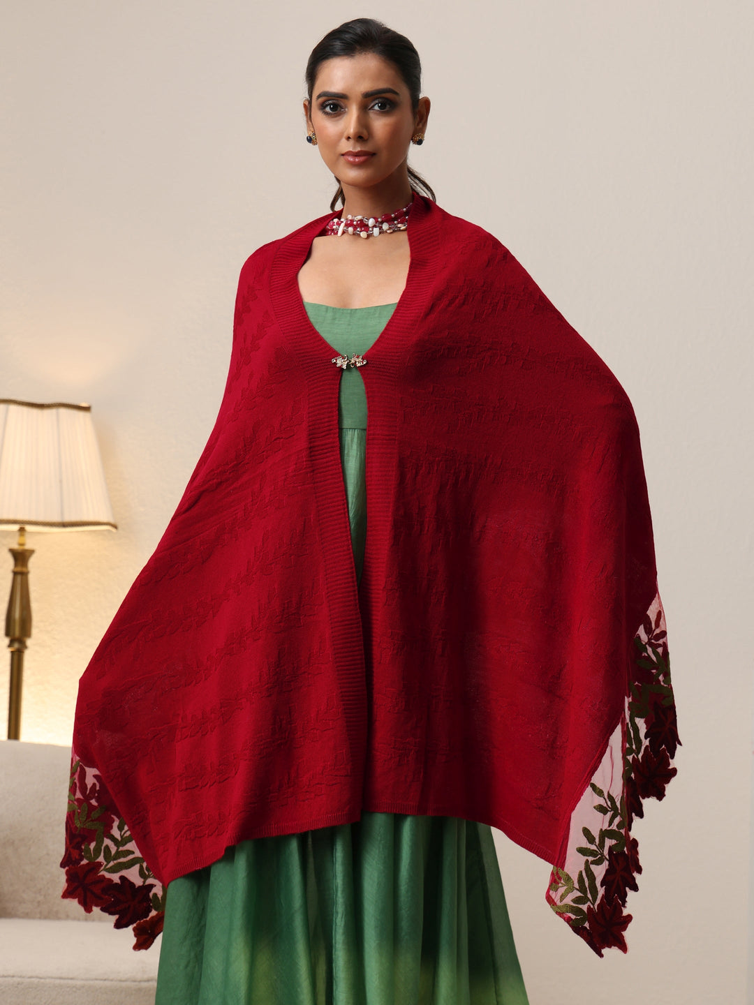  Libas Red Floral Knitted Acrylic Wrap Shawl 