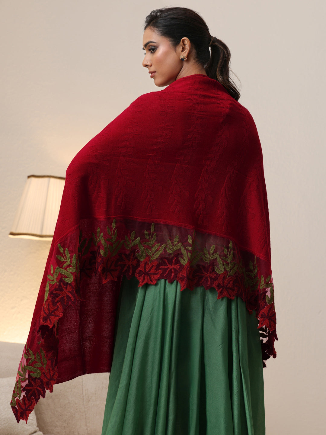  Libas Red Floral Knitted Acrylic Wrap Shawl 
