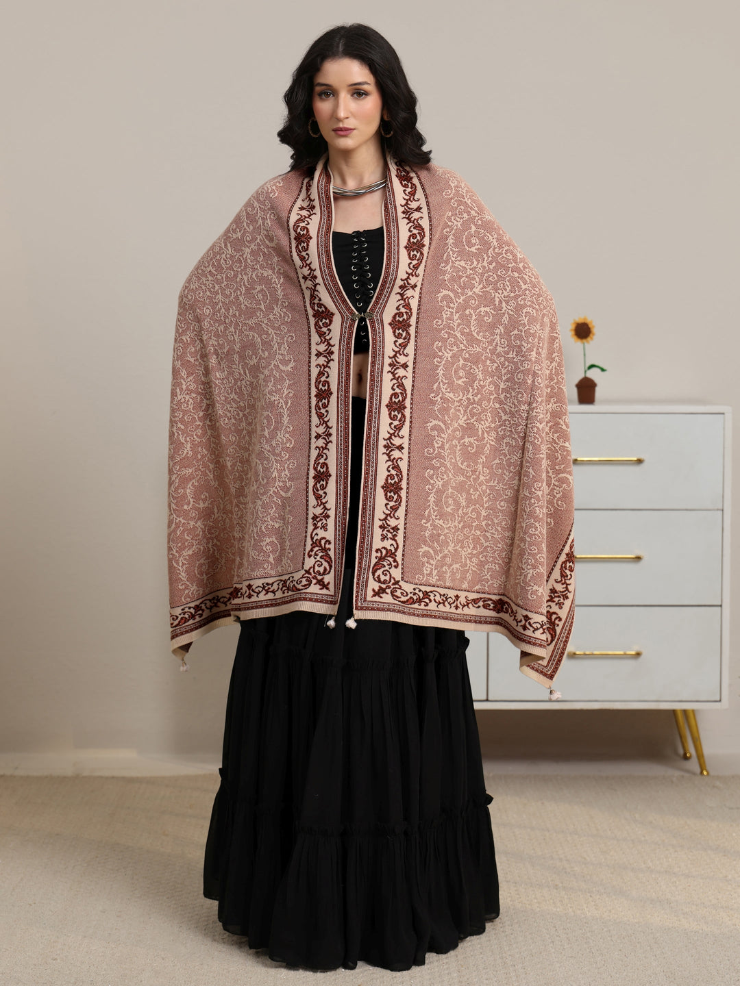  Libas Dusty Pink Floral Knitted Acrylic Wrap Shawl 