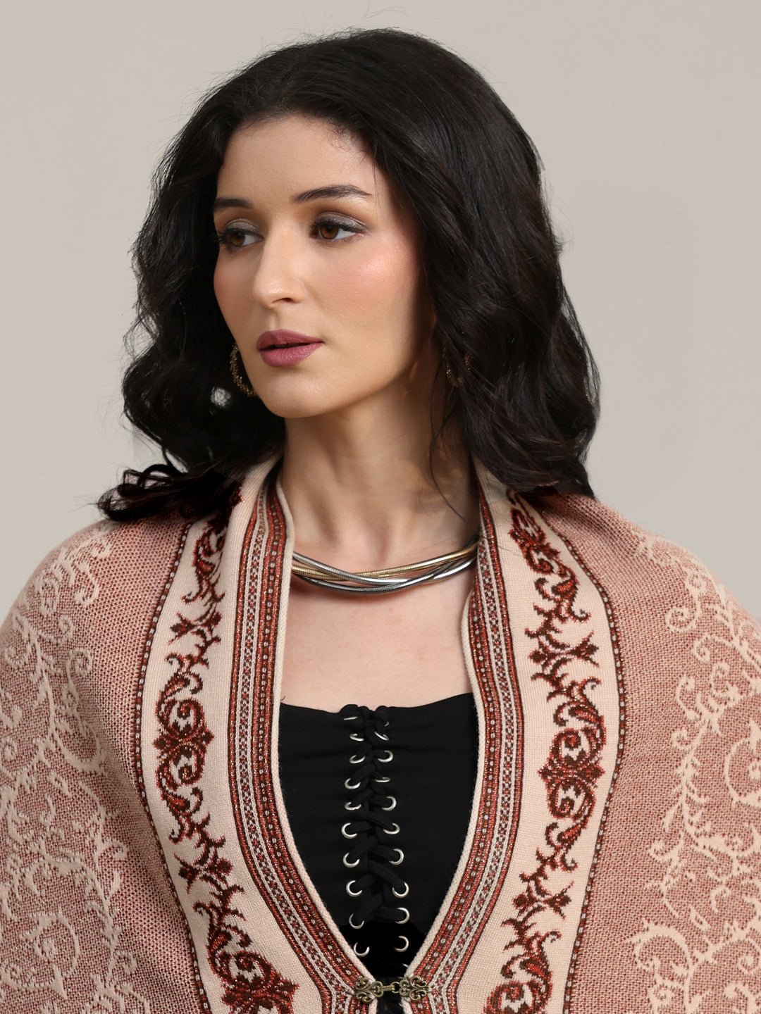  Libas Dusty Pink Floral Knitted Acrylic Wrap Shawl 