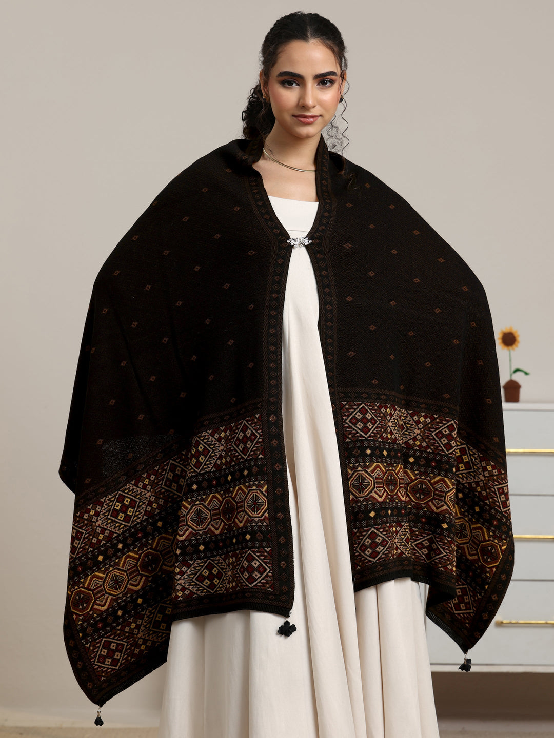  Libas Black Ethnic Knitted Acrylic Wrap Shawl 