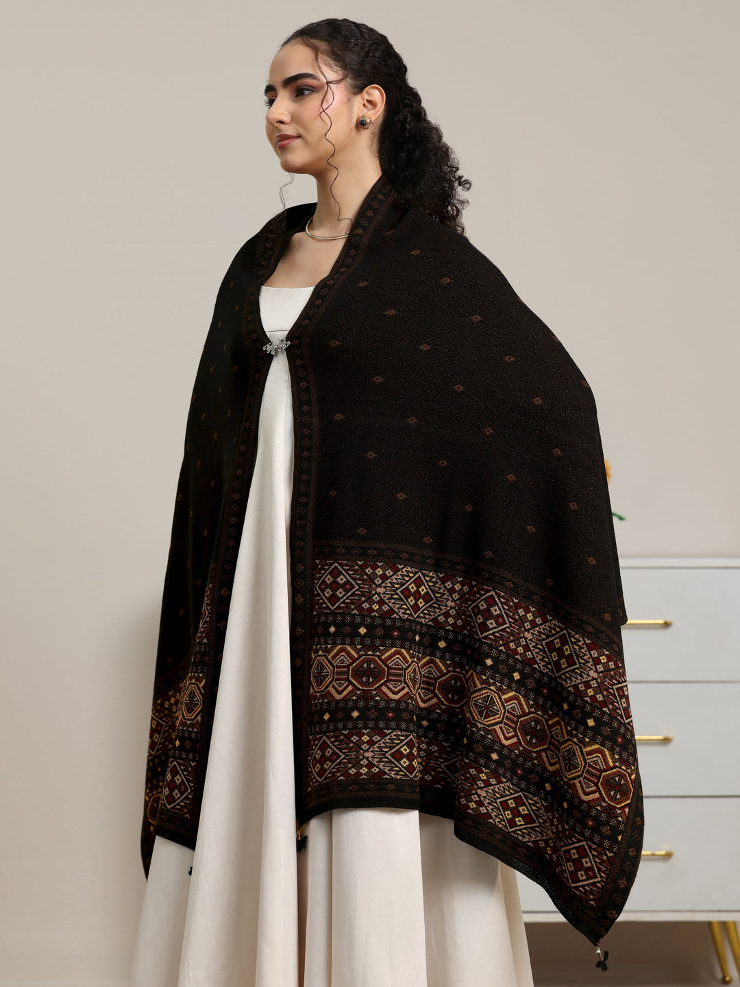  Libas Black Ethnic Knitted Acrylic Wrap Shawl 