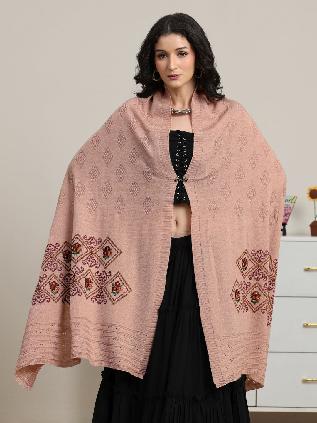  Libas Baby Pink Geometric Knitted Acrylic Wrap Shawl 