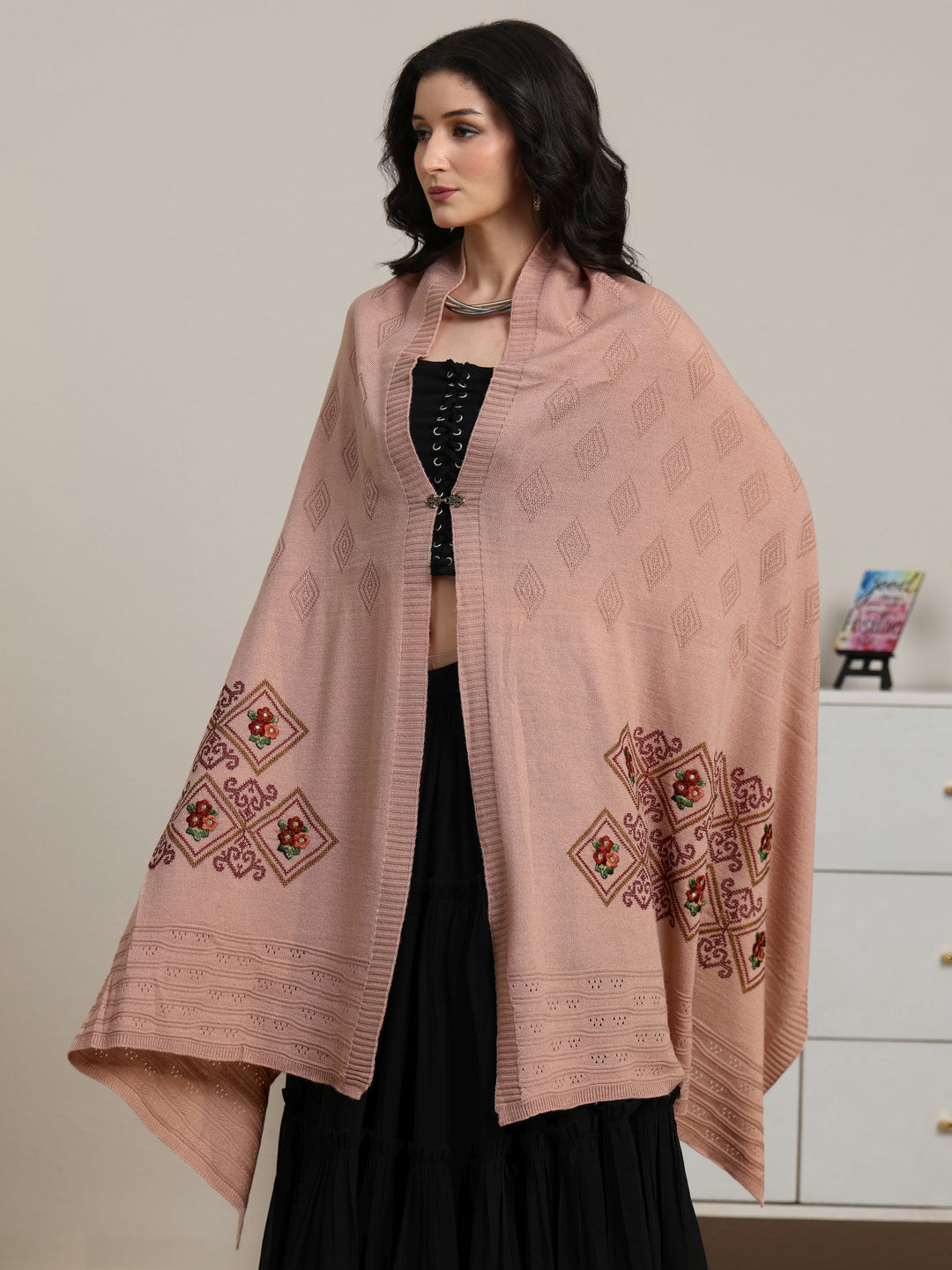  Libas Baby Pink Geometric Knitted Acrylic Wrap Shawl 