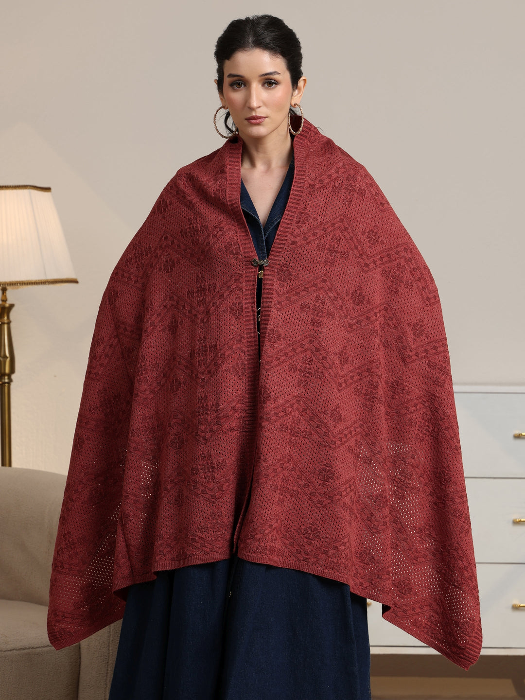  Libas Rust Red Chevron Knitted Acrylic Wrap Shawl 