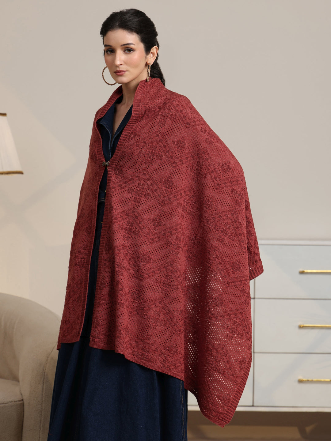  Libas Rust Red Chevron Knitted Acrylic Wrap Shawl 