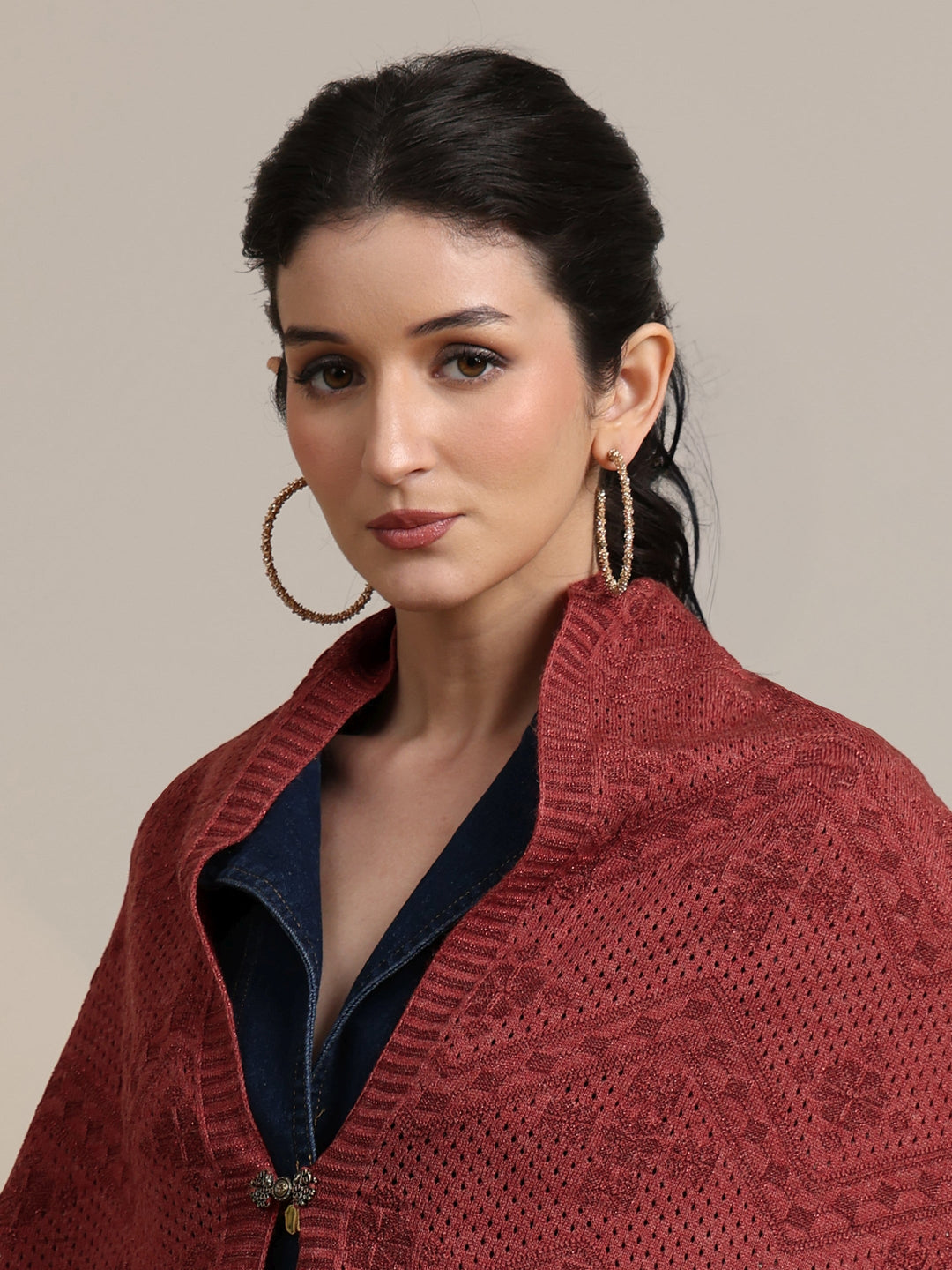  Libas Rust Red Chevron Knitted Acrylic Wrap Shawl 