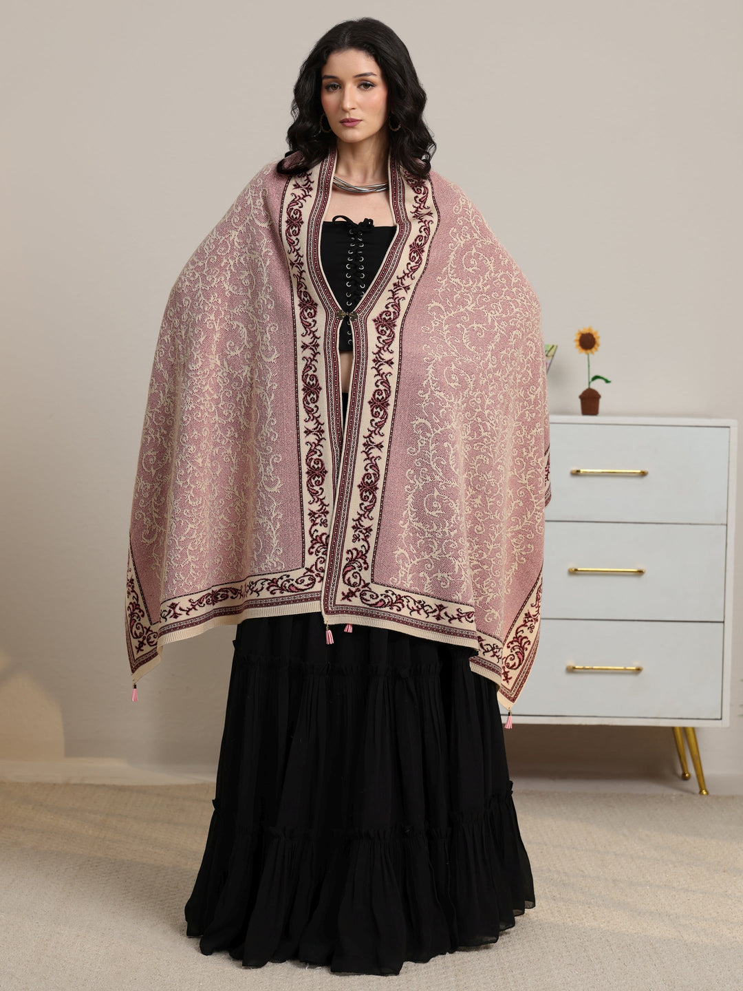  Libas Dusty Pink Floral Knitted Acrylic Wrap Shawl 