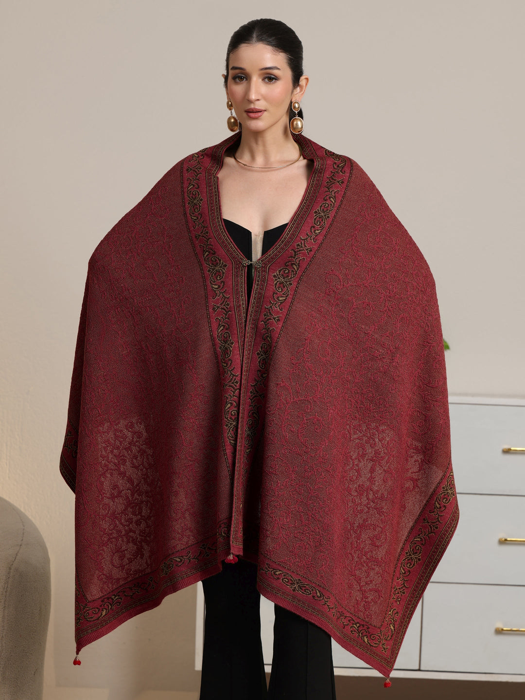  Libas Rust Red Floral Knitted Acrylic Wrap Shawl 