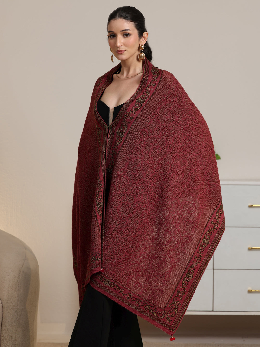  Libas Rust Red Floral Knitted Acrylic Wrap Shawl 