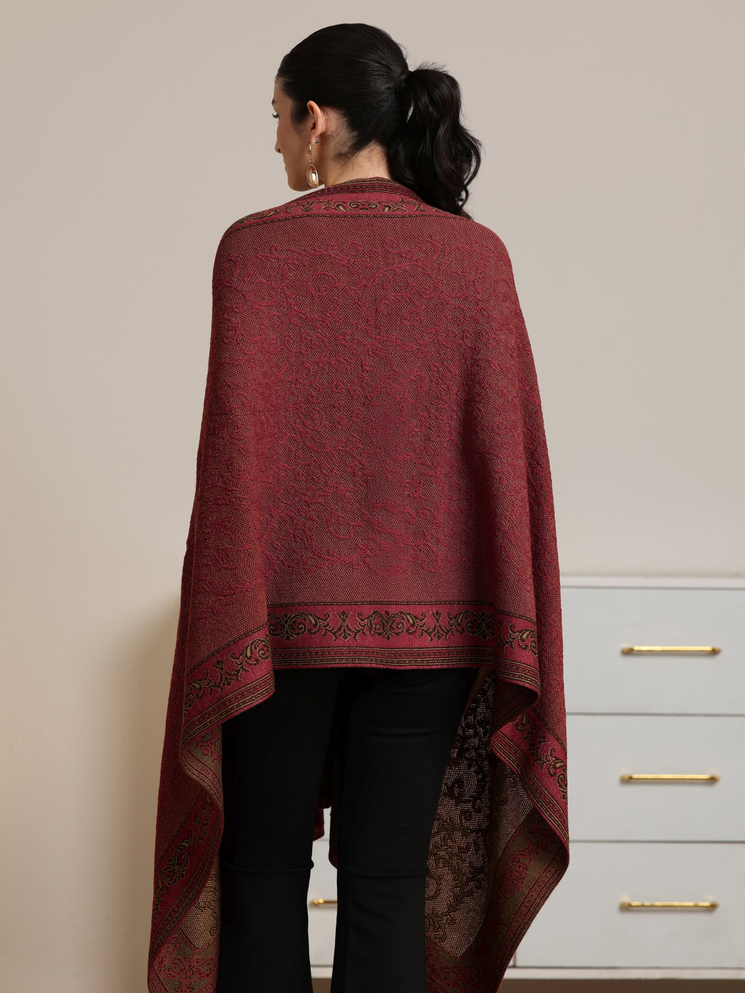  Libas Rust Red Floral Knitted Acrylic Wrap Shawl 