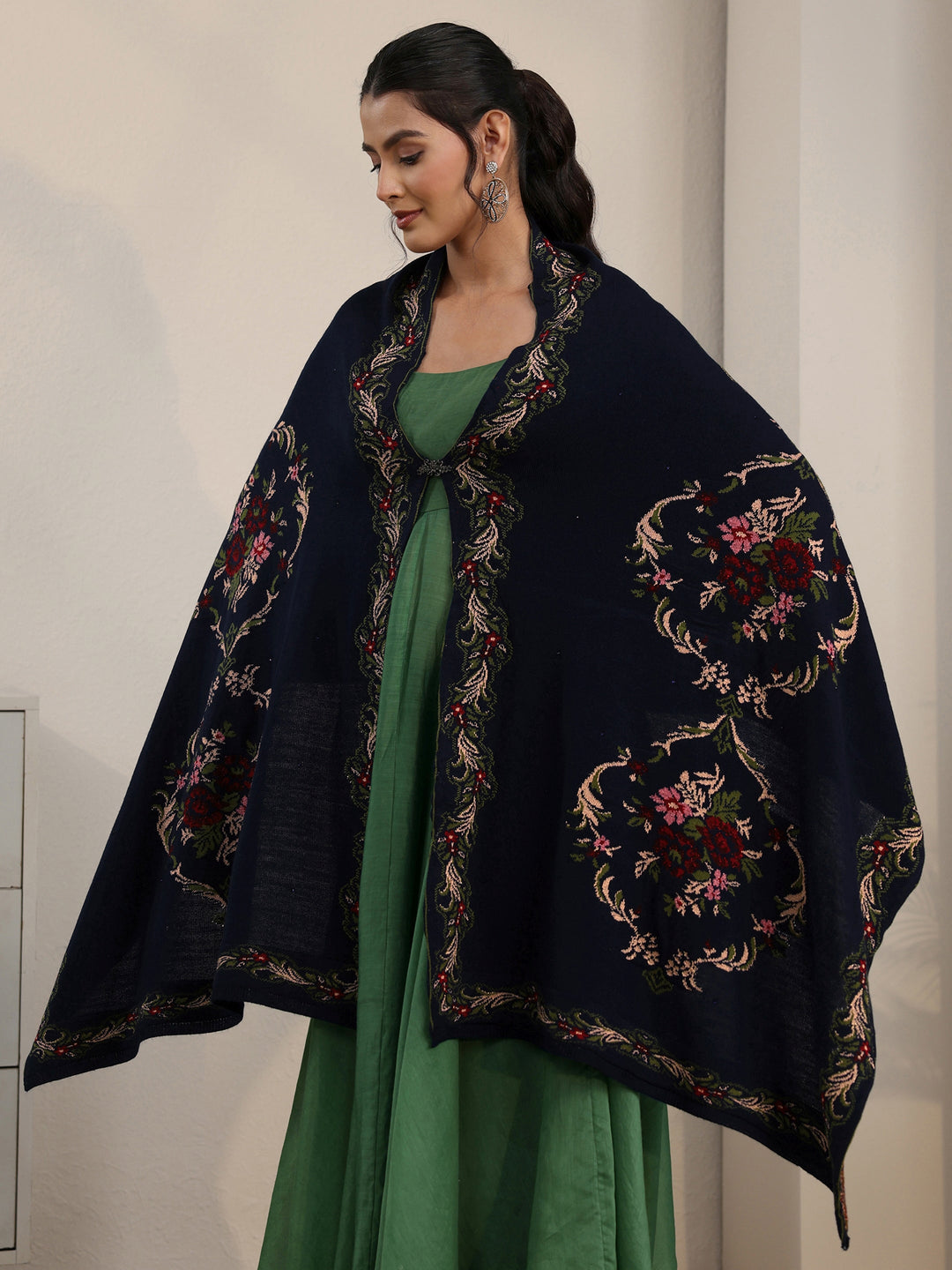  Libas Navy Blue Floral Knitted Acrylic Wrap Shawl 
