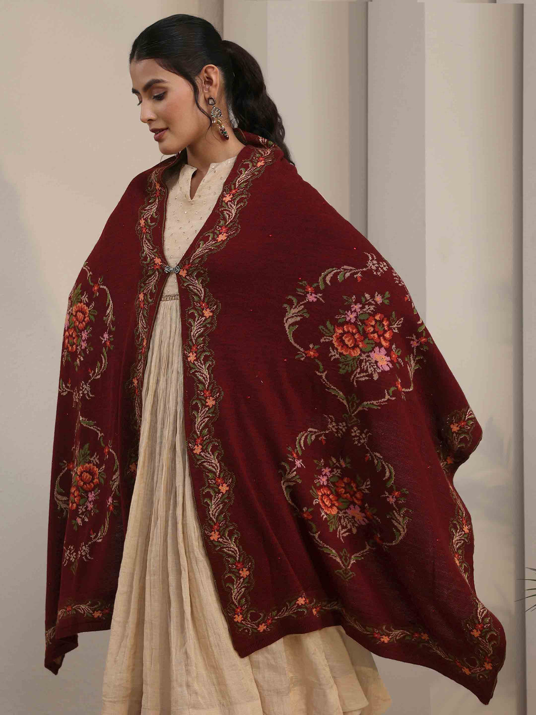  Libas Maroon Floral Knitted Acrylic Wrap Shawl 