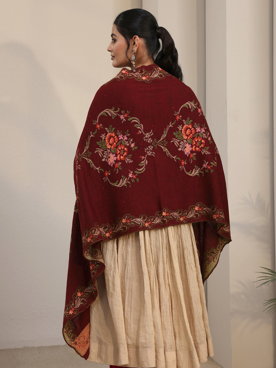 Libas Maroon Floral Knitted Acrylic Wrap Shawl 