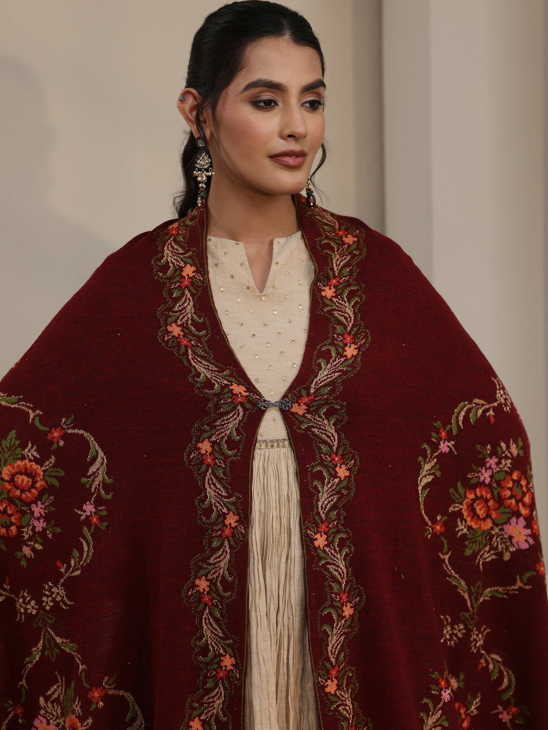  Libas Maroon Floral Knitted Acrylic Wrap Shawl 