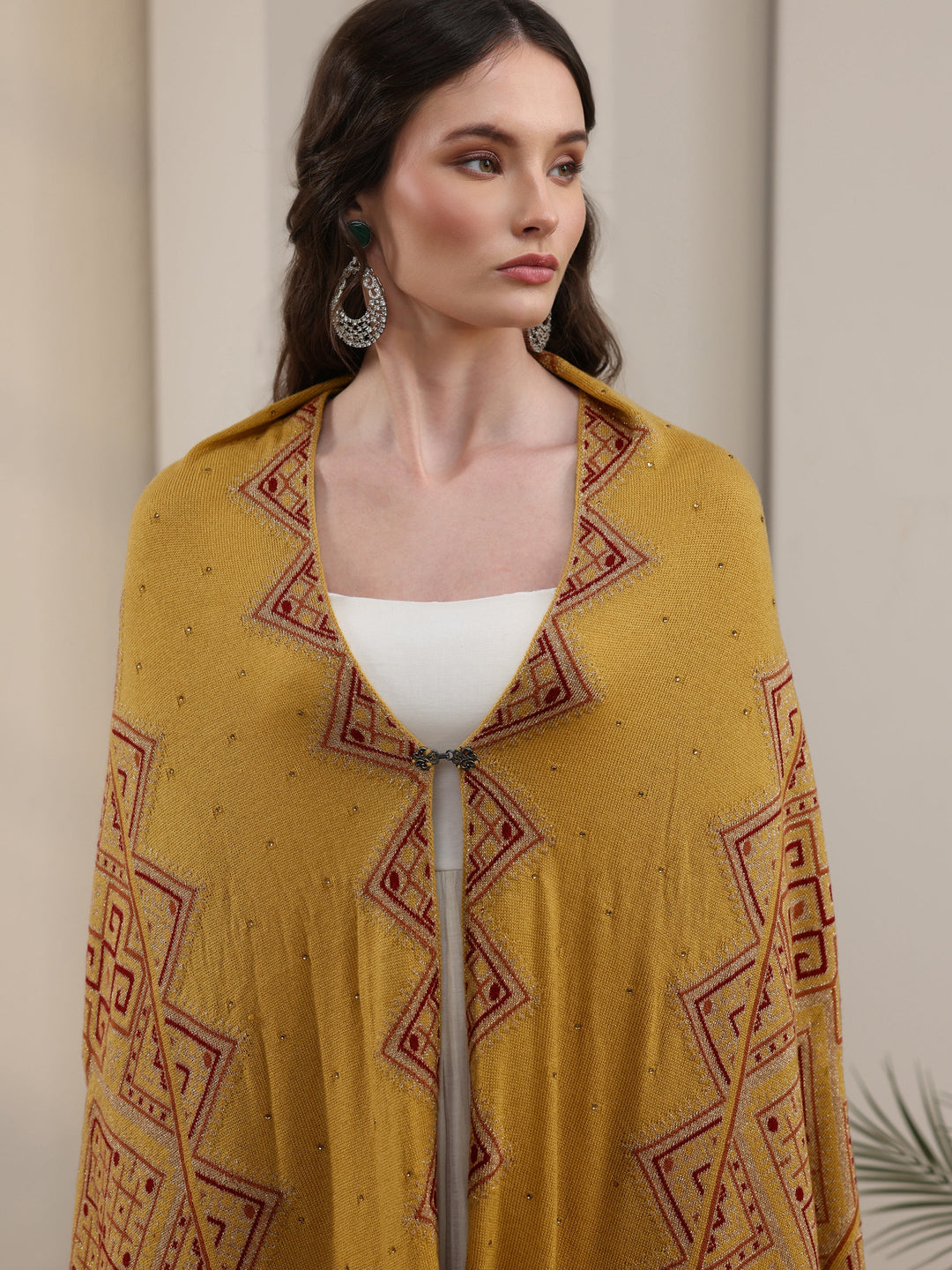  Libas Mustard Geometric Knitted Acrylic Wrap Shawl 