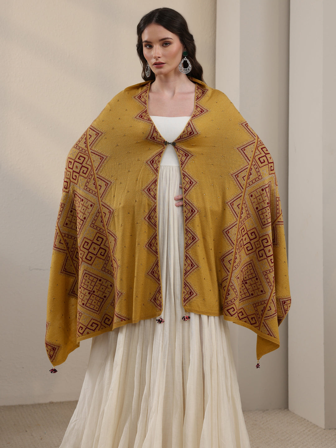  Libas Mustard Geometric Knitted Acrylic Wrap Shawl 