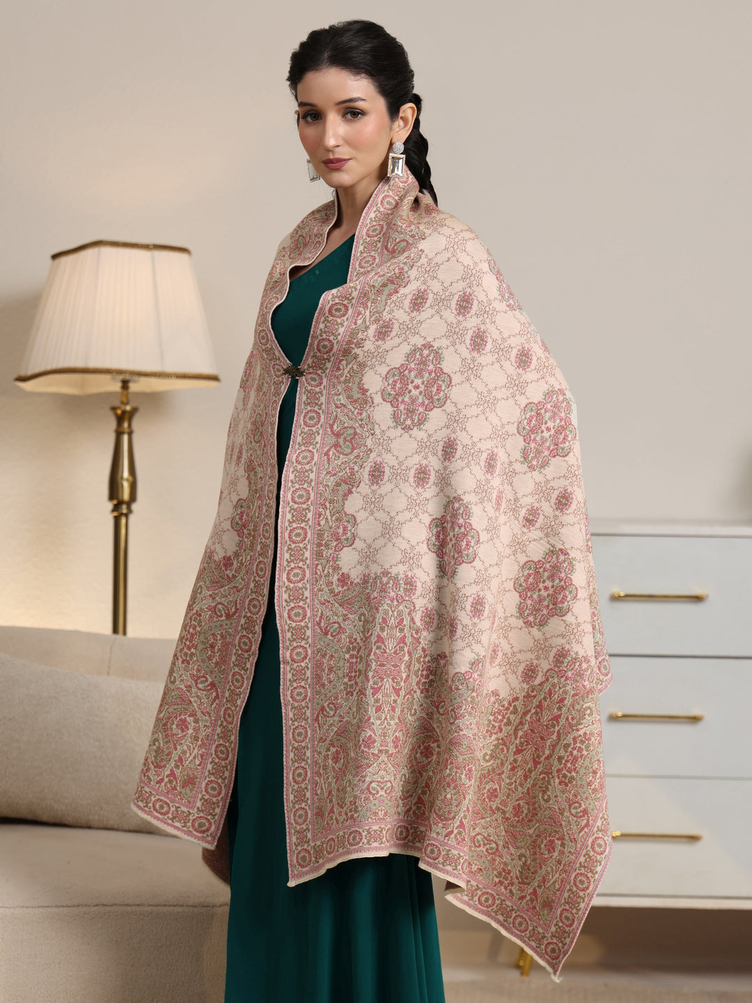  Libas White Ethnic Knitted Acrylic Wrap Shawl 