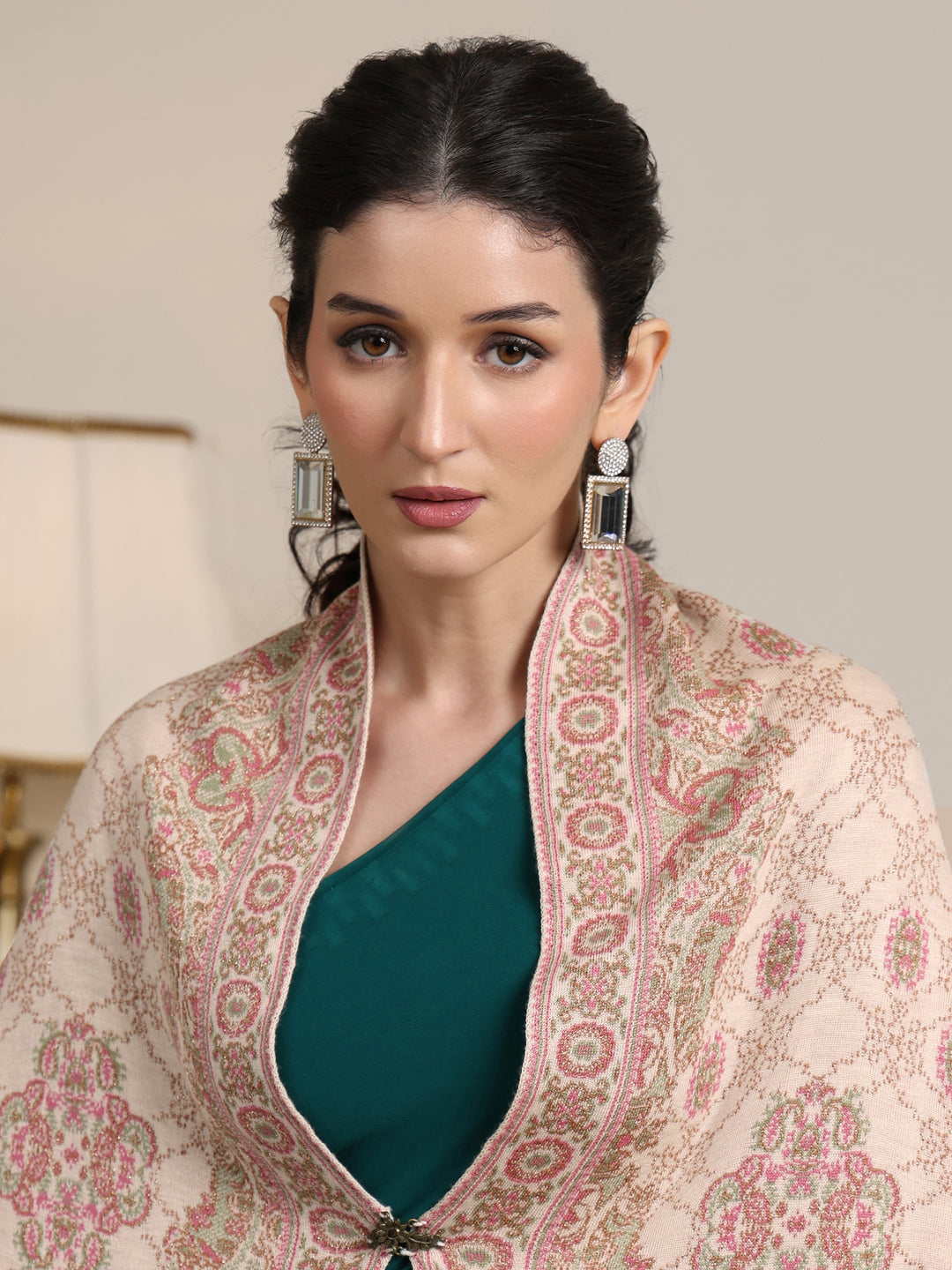  Libas White Ethnic Knitted Acrylic Wrap Shawl 