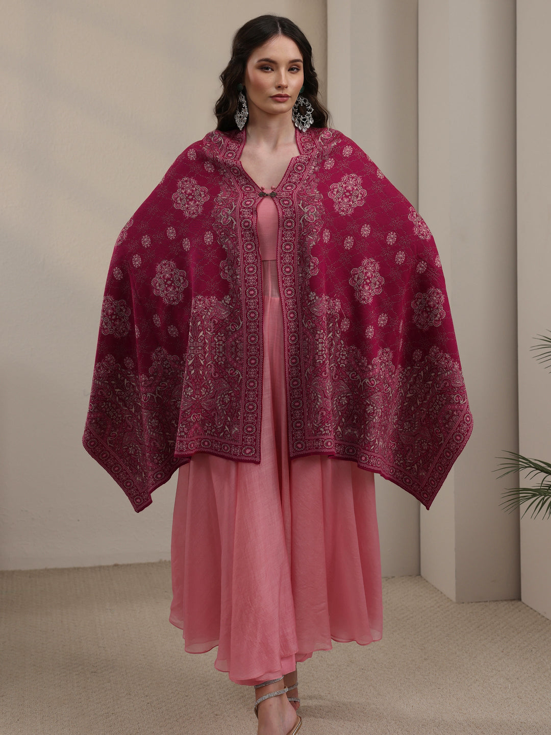  Libas Raspberry Pink Ethnic Knitted Acrylic Wrap Shawl 