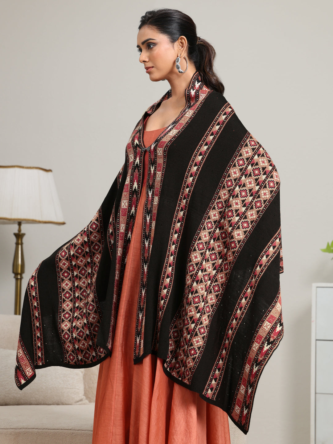  Libas Black Geometric Knitted Acrylic Wrap Shawl 