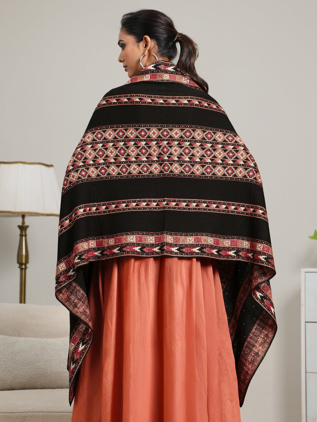  Libas Black Geometric Knitted Acrylic Wrap Shawl 
