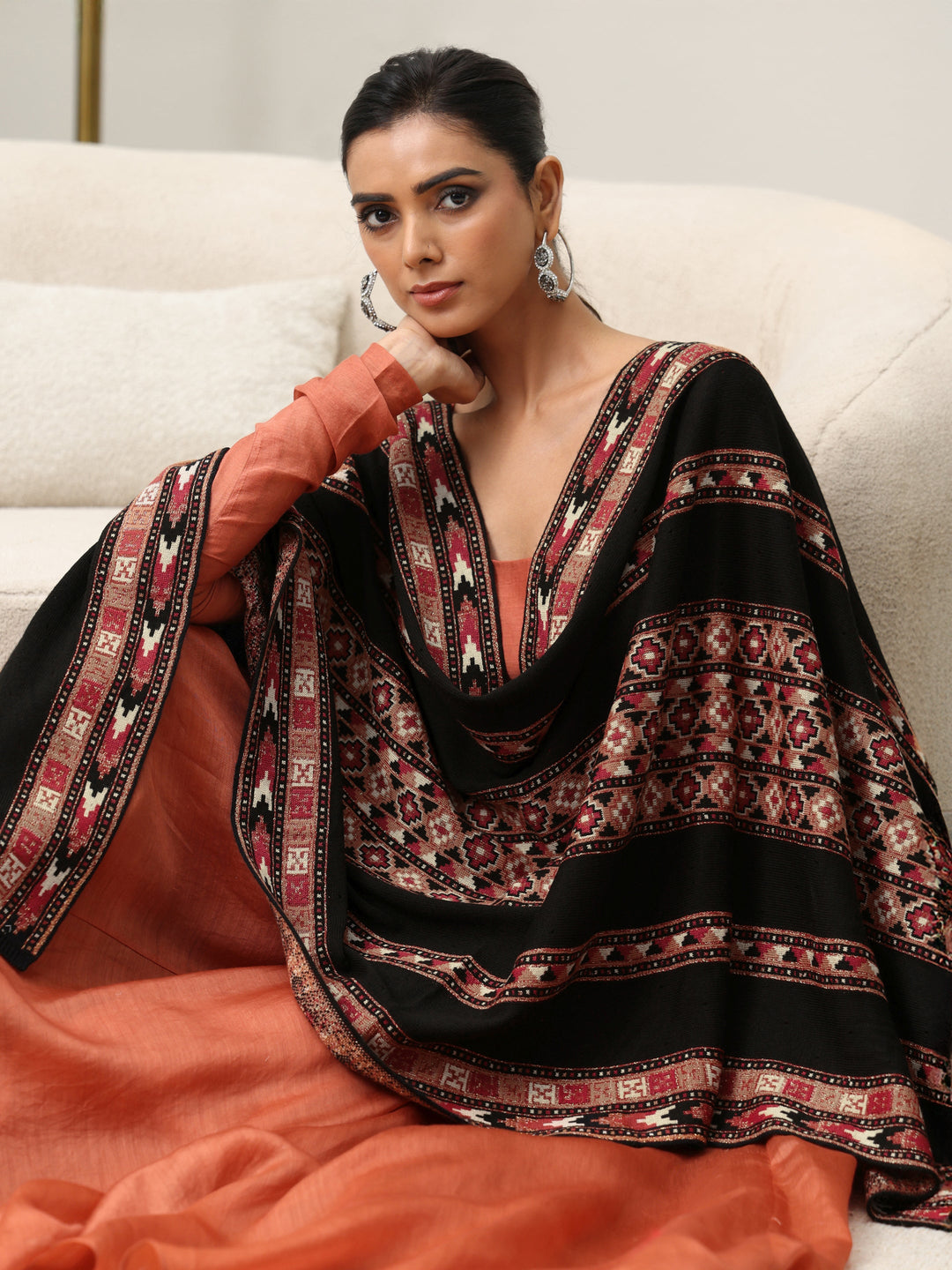  Libas Black Geometric Knitted Acrylic Wrap Shawl 