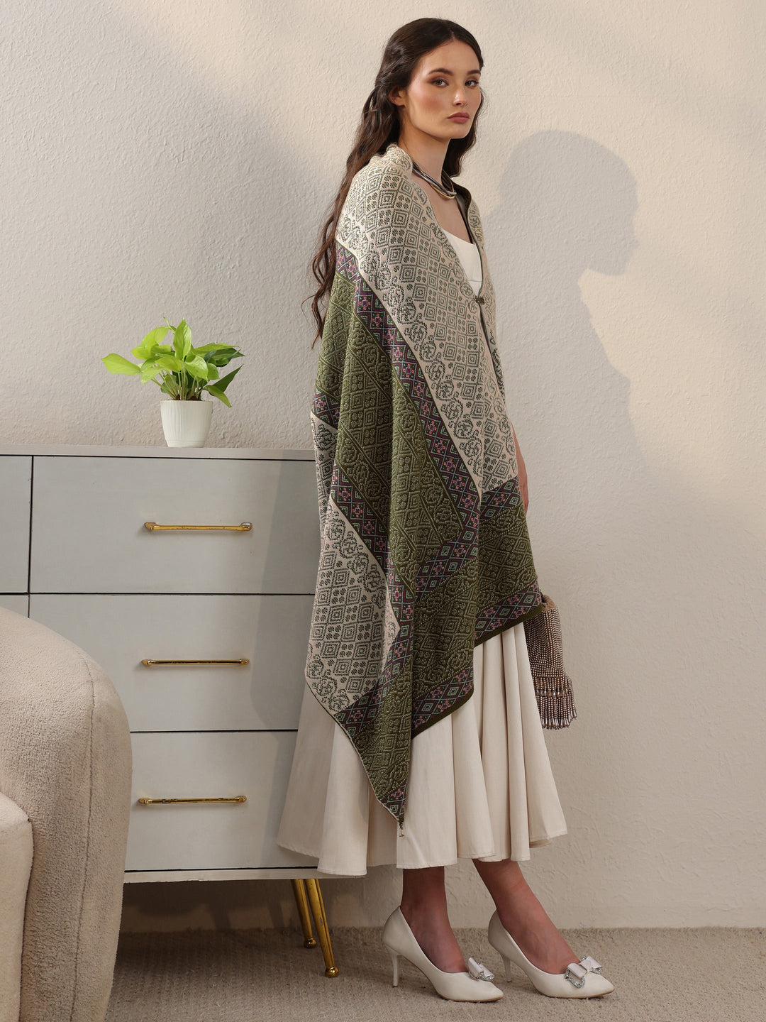  Libas Green Ethnic Knitted Acrylic Wrap Shawl 