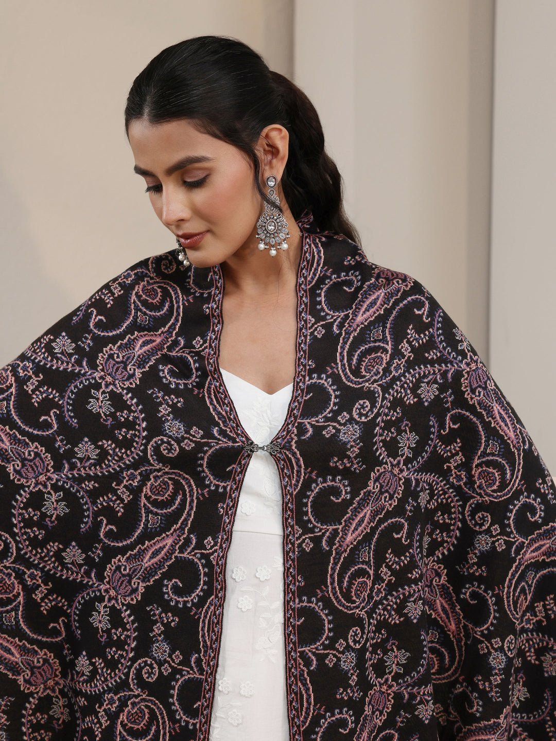  Libas Black Paisley Knitted Acrylic Wrap Shawl 