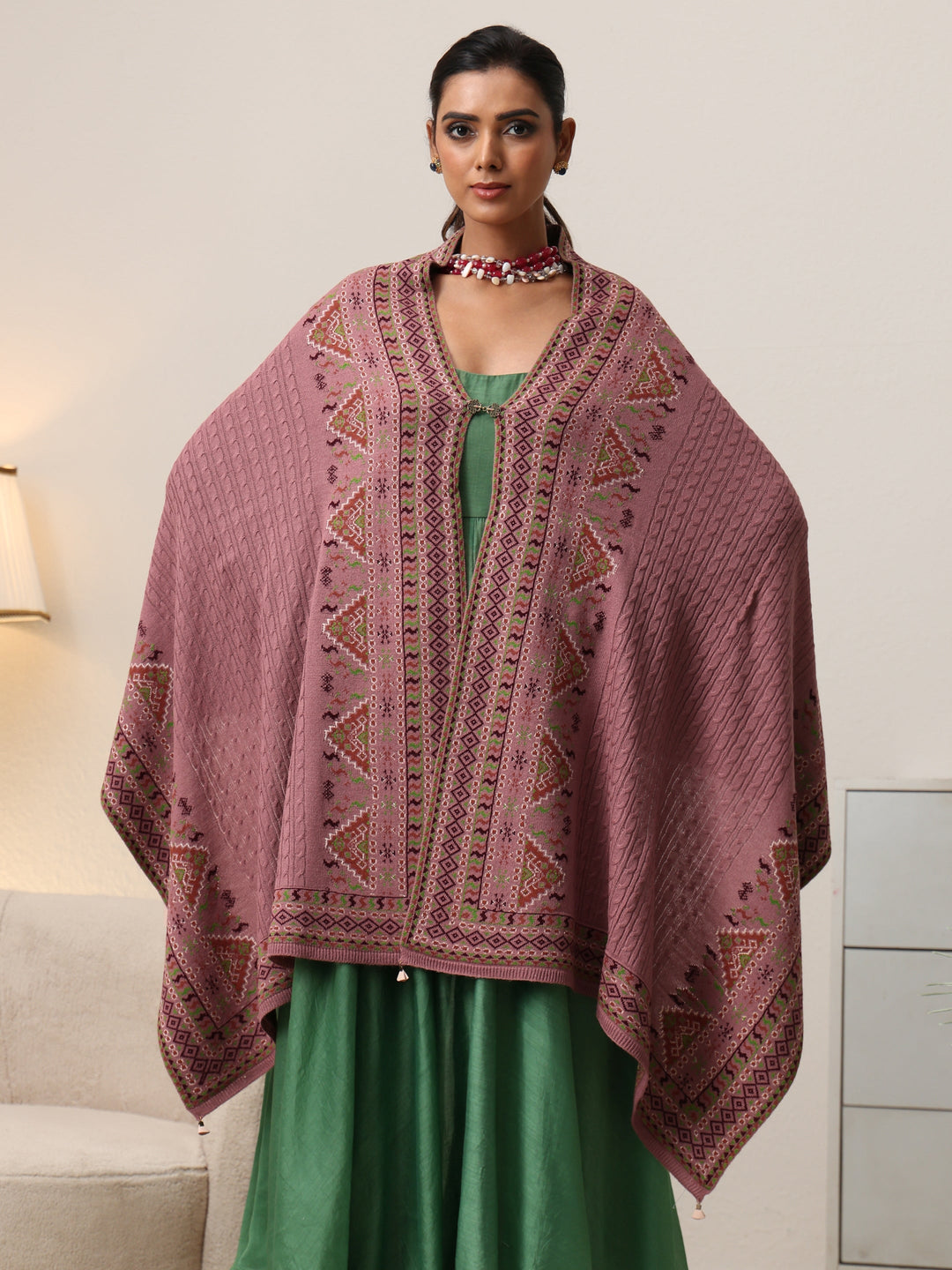  Libas White Ethnic Knitted Acrylic Wrap Shawl 