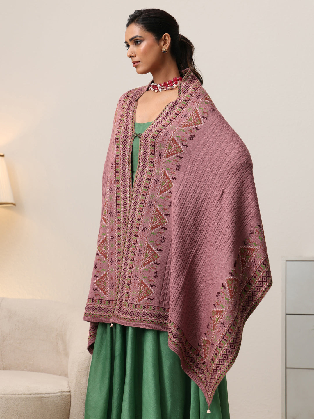 Libas White Ethnic Knitted Acrylic Wrap Shawl 