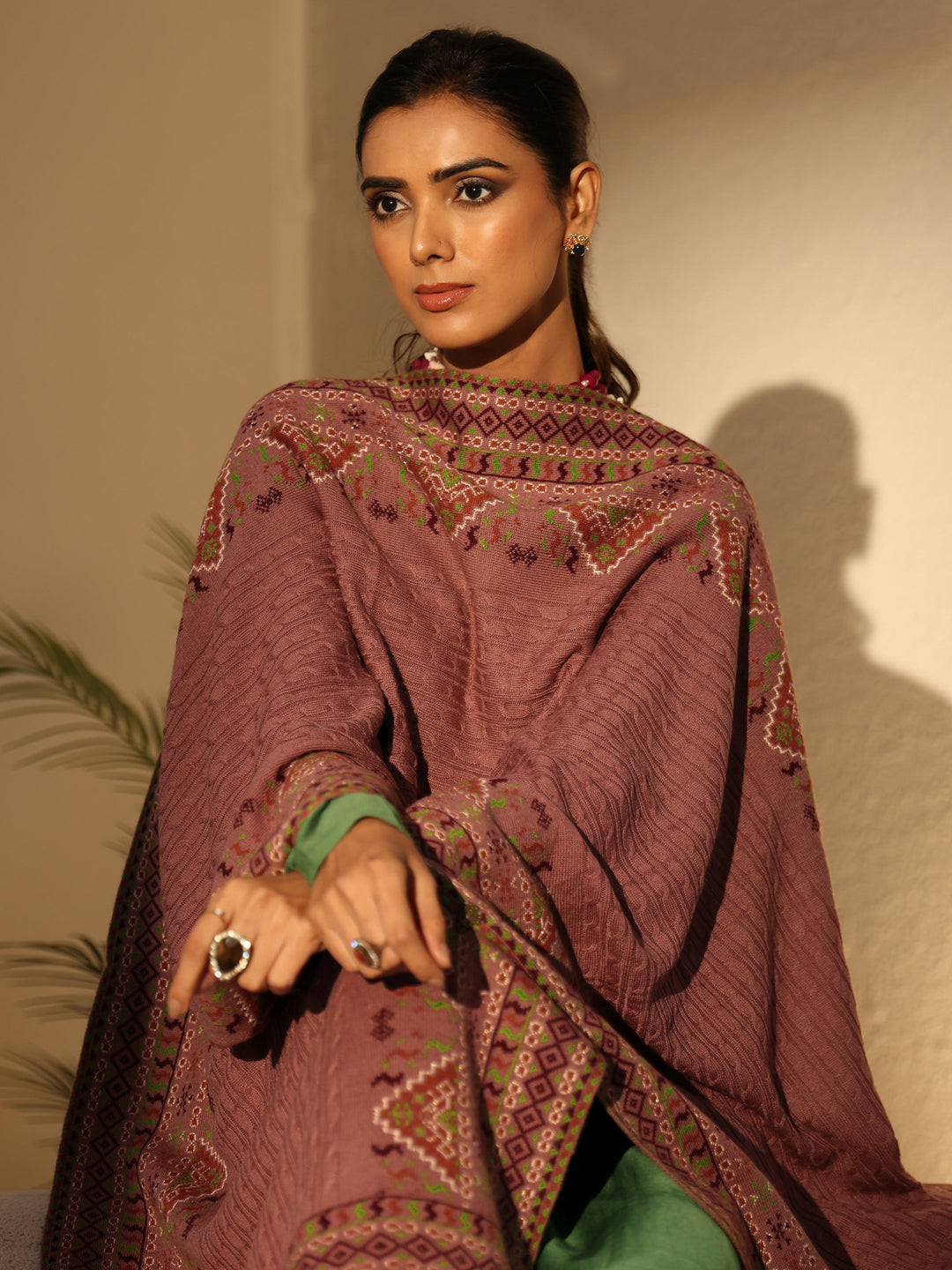 Libas White Ethnic Knitted Acrylic Wrap Shawl 