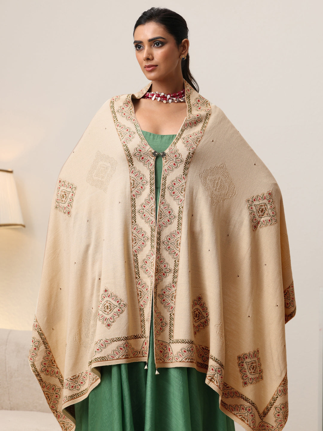  Libas Beige Knitted Acrylic Wrap Shawl 