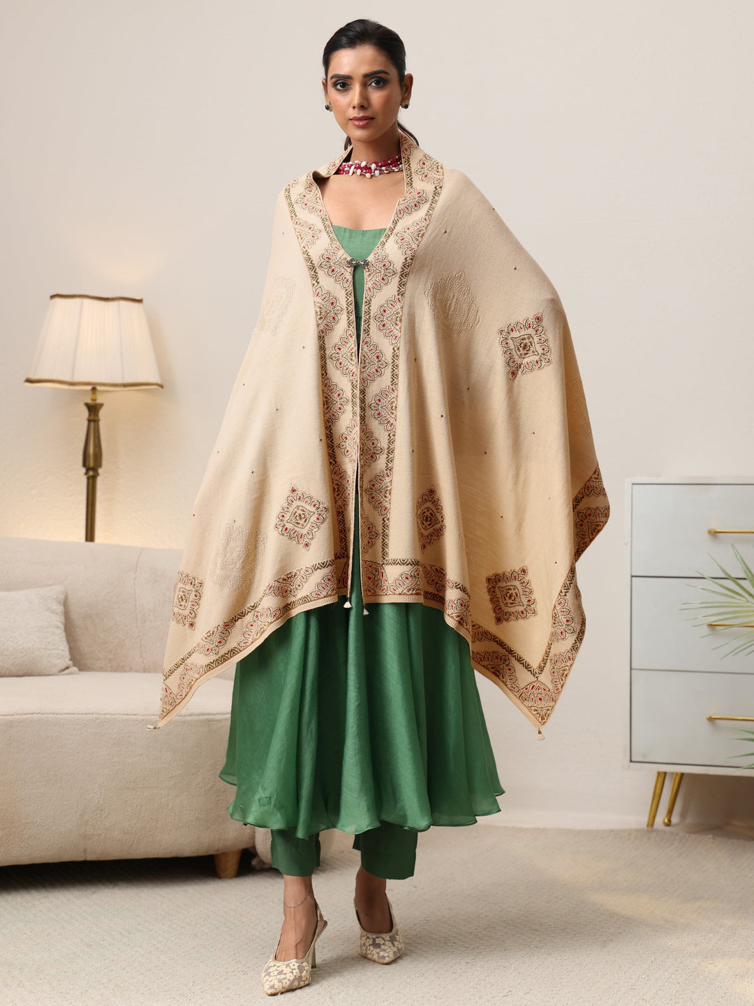  Libas Beige Knitted Acrylic Wrap Shawl 