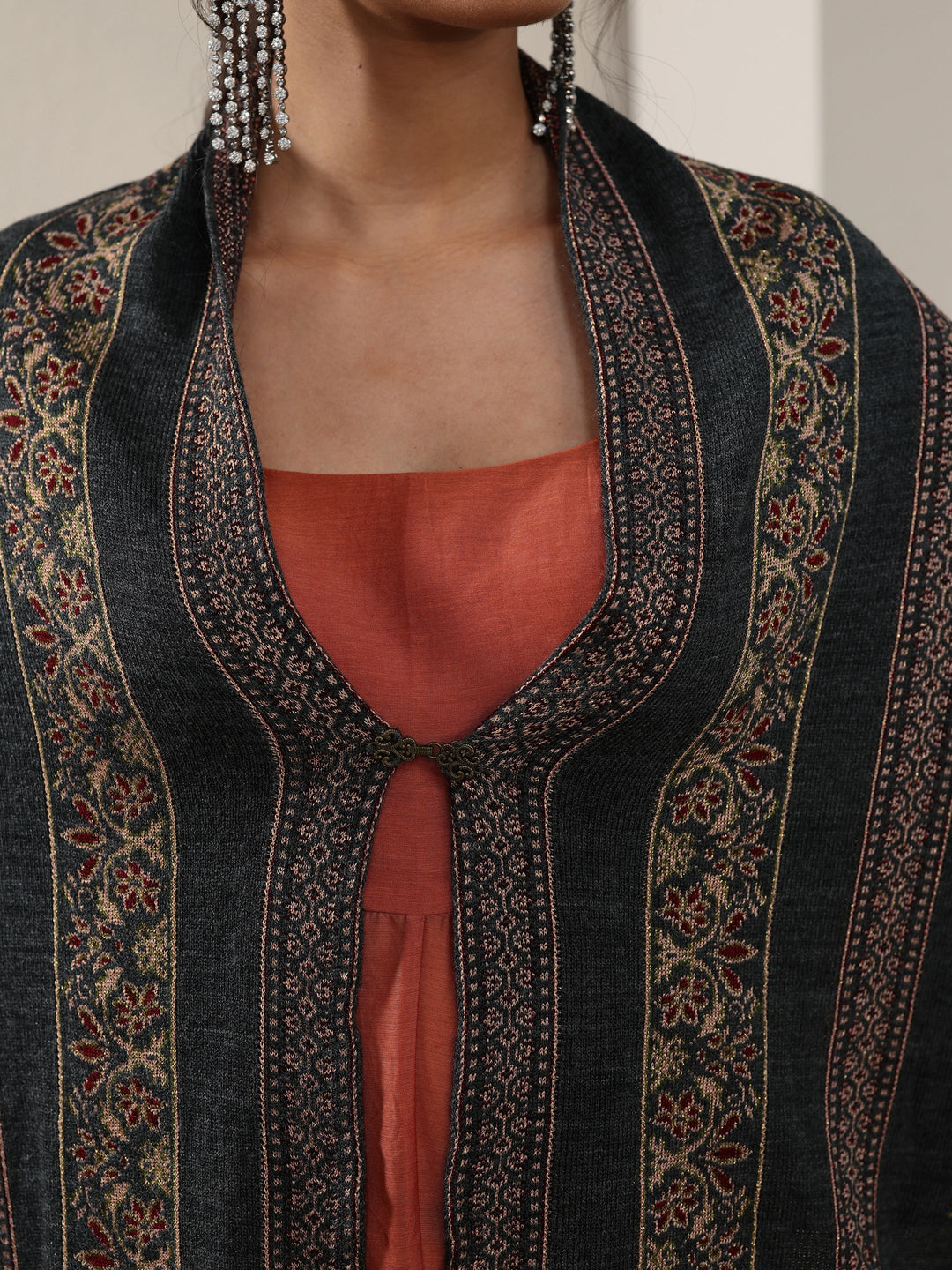  Libas Dark Grey Ethnic Knitted Acrylic Wrap Shawl 