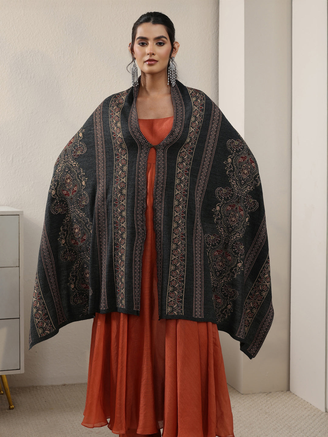  Libas Dark Grey Ethnic Knitted Acrylic Wrap Shawl 