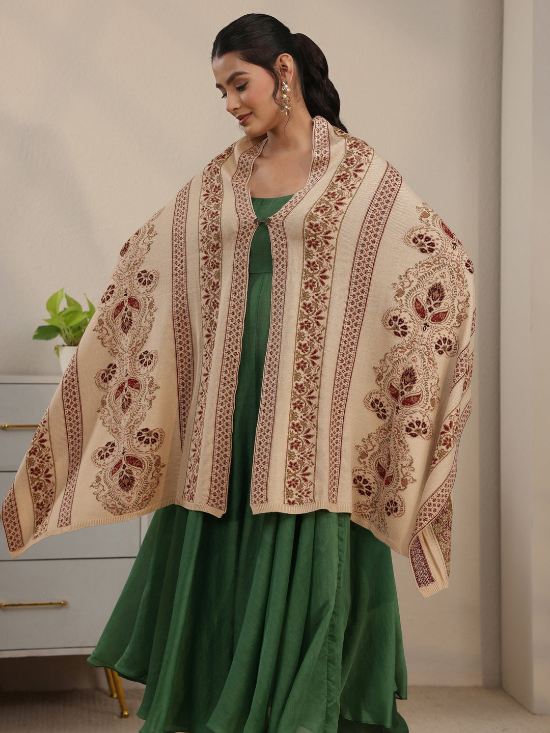  Libas Beige Ethnic Knitted Acrylic Wrap Shawl 