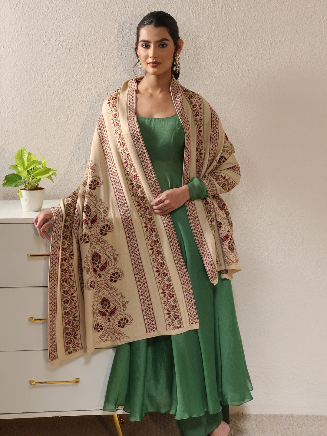  Libas Beige Ethnic Knitted Acrylic Wrap Shawl 