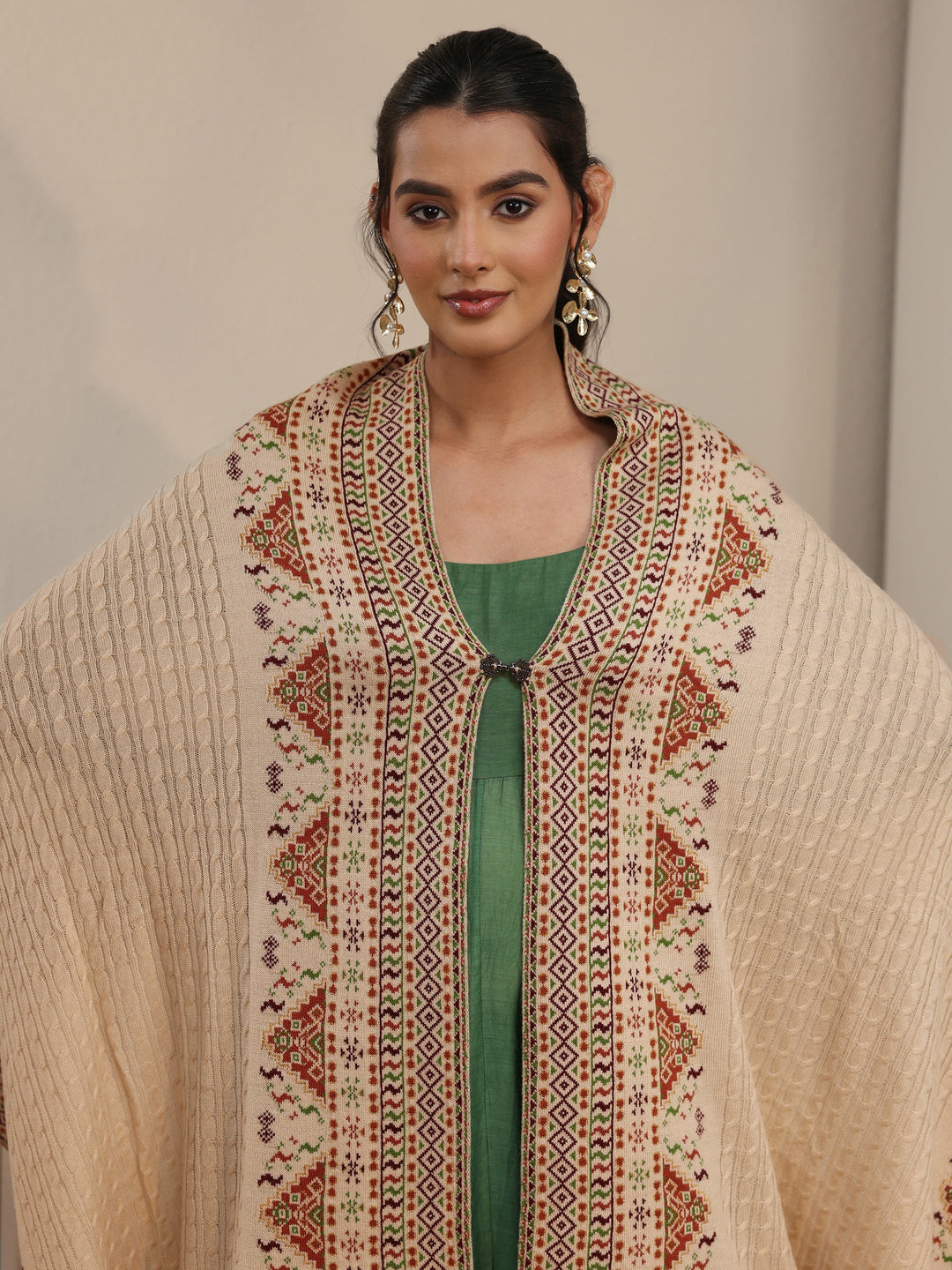  Libas Beige Cable Knit Acrylic Wrap Shawl 