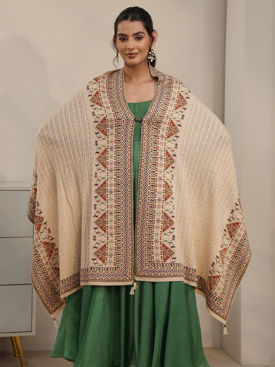  Libas Beige Cable Knit Acrylic Wrap Shawl 